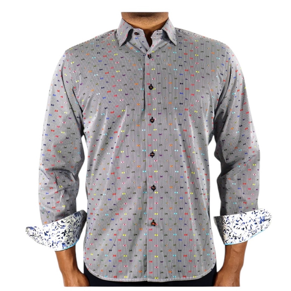 ✅Visconti Black Black & White w/ Multicolor Bowtie Dress Button Down Shirt Sz M